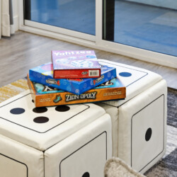 Pile of family board games (Yahtzee, Connect 4, Zionopoly) on large white dice-pattern ottomans in a living room Chemin a window.