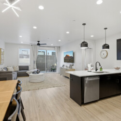 Open-concept living area with a gray sectional, round pouf and a coffee table, adjacent to a modern island kitchen with black cabinets and stainless appliances.