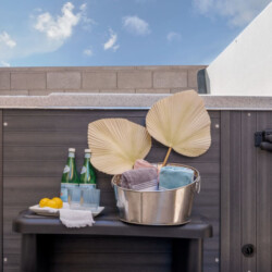 Relaxation scene on a wooden deck: a metal tub with rolled towels and large palm-leaf decor, next to two bottled waters and a lemon plate on a tray.