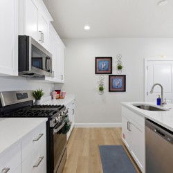 White modern kitchen with stainless steel stove, microwave, and dishwasher, and a large island with a sink and cake stand
