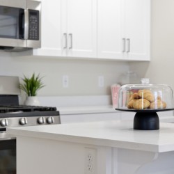 Cookies under a glass cloche on a black pedestal sits on a white kitchen island, with a stainless stove and microwave in the background.