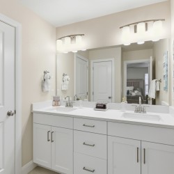 Double bathroom vanity with white cabinets, two sinks, and a large wall mirror with modern light fixtures above.
