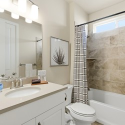 Modern bathroom with a white vanity, sink, large mirror, and soap dispenser beside a framed plant artwork