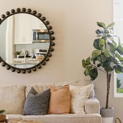 Beige living room with a round bulb border mirror above a sofa and a tall potted plant by a window.