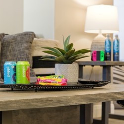 Living room coffee table with a metal tray holding two Poppi cans, snack bars, a potted plant, and a TV remote; sofa and lamp in the background.