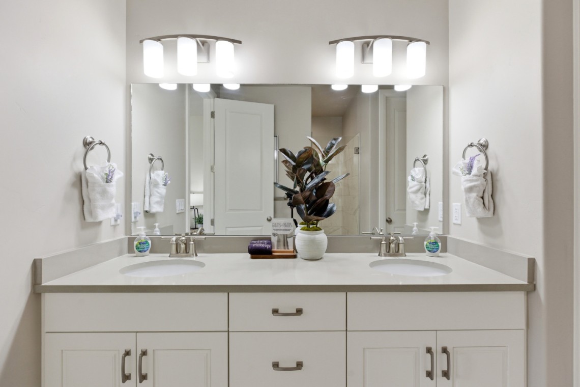 Double-sink bathroom vanity with a potted plant center, mirrors, and white towels on rings flanking the sinks.