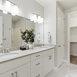 Bright bathroom with a white double vanity, two sinks, and a large mirror; open walk-in closet on the right.