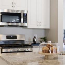 Muffins under a glass cloche on a wooden pedestal atop a granite kitchen island, with stainless steel appliances in the background.
