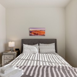 Minimalist bedroom with a gray upholstered bed, two striped pillows, a patterned duvet, and sunlit window blinds casting stripes on the bed