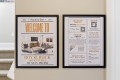 Two framed posters mounted on a beige wall; left one says 'WELCOME TO ROYAL ROCK ADVENTURES BY STAY PROPR' with a living room image, right one lists guest info like Wi‑Fi and house rules as sections.