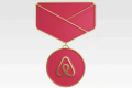 Pink enamel medal with gold trim featuring a circular pendant showing the Airbnb logo, hanging from a pink geometric top piece.