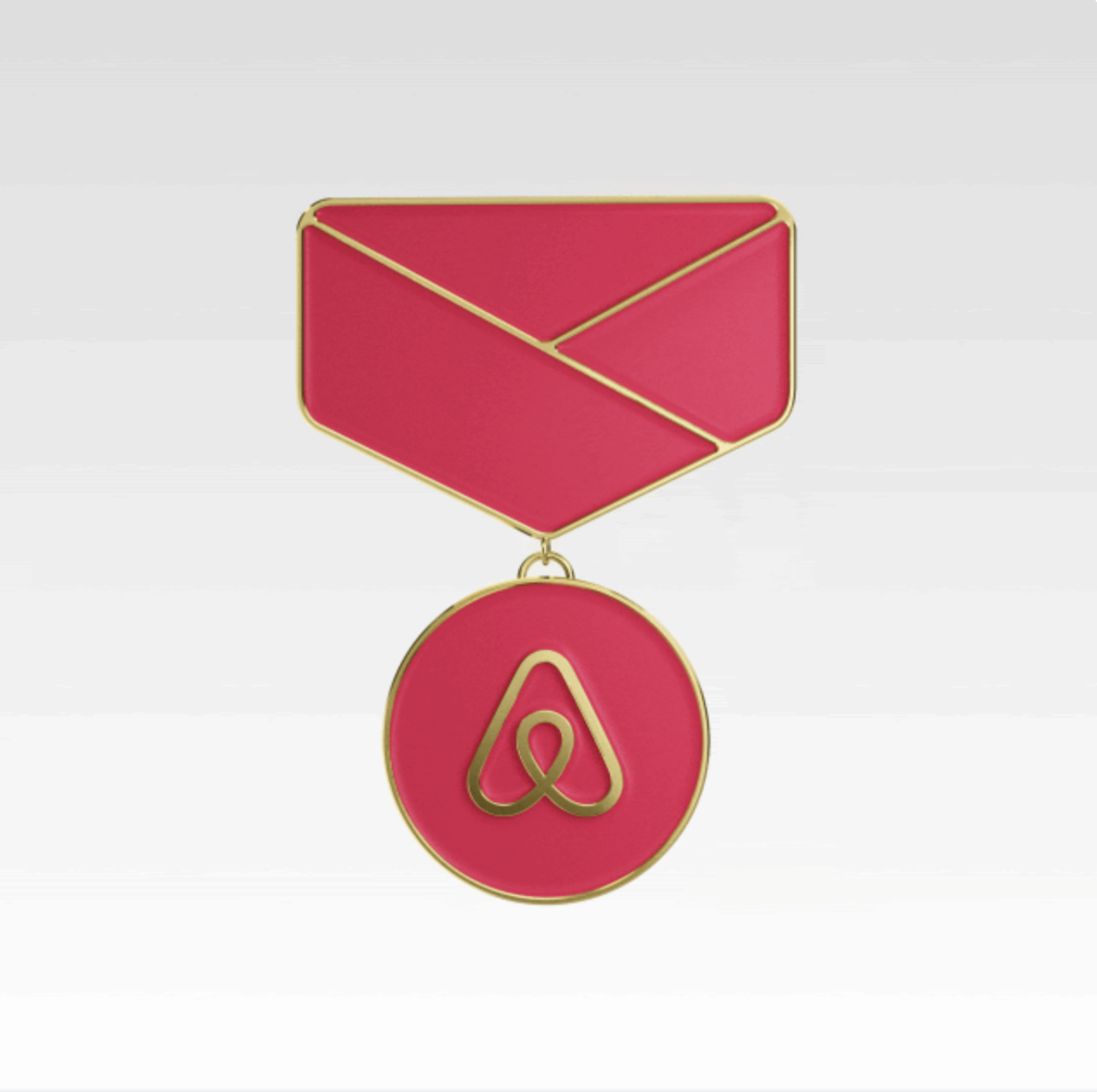 Pink enamel medal with gold trim featuring a circular pendant showing the Airbnb logo, hanging from a pink geometric top piece.