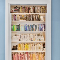 White built-in bookshelf inside a doorway, five shelves of colorful books against blue walls.