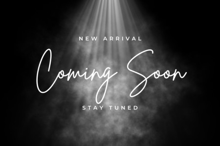 Black promotional graphic with a white spotlight beam and fog, featuring 'NEW ARRIVAL' above large cursive 'Coming Soon' and 'STAY TUNED' below.