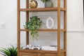 Wooden open-shelving unit with a trailing green plant, a white oval vase, and an Xbox console with controllers on the lower shelf.