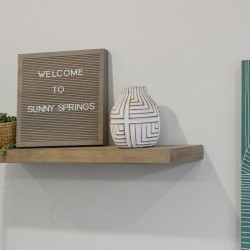 Wooden wall shelf with a sign reading 'WELCOME TO SUNNY SPRINGS', a white geometric vase, and a trailing succulent in a yellow pot.