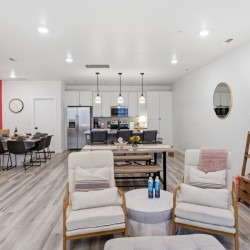 Open-concept living space with a bright kitchen, white cabinets, stainless-steel appliances, and pendant lights over an island.